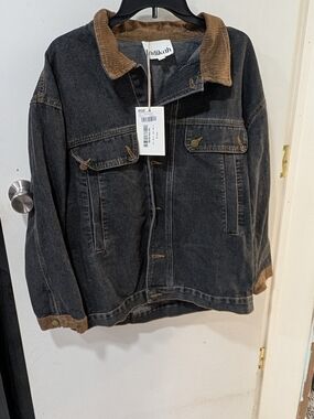 Indikah Men's Black Denim Shirt Jacket with Brown Corduroy Trim